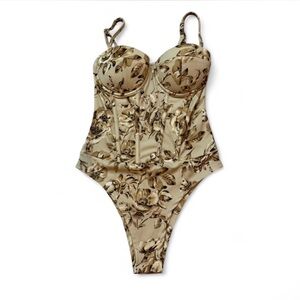 Windsor Tan & Brown Floral Design Corset Bodysuit